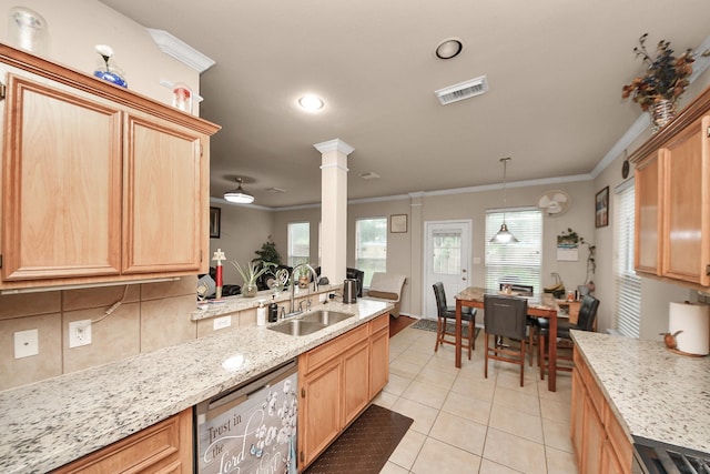 20310 Port Bishop Ln, Richmond, TX 77407 - kitchen with dishwasher, ornamental molding, light brown cabinetry, light tile patterned flooring, and light stone counters