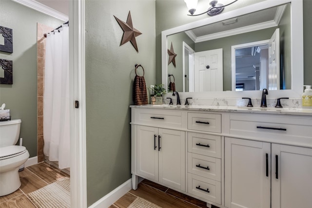 11823 Solon Springs Dr, Tomball, TX 77375 - bathroom with ornamental molding, double vanity, wood tiled floors, and a shower with curtain