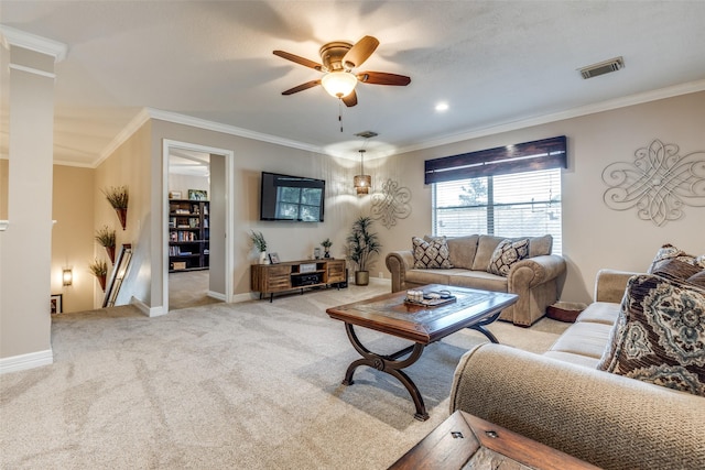 11823 Solon Springs Dr, Tomball, TX 77375 - living room featuring a ceiling fan, crown molding, and carpet