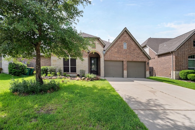 23411 Reynolds Pond Dr, New Caney, TX 77357 - view of front of house featuring driveway, brick siding, a front lawn, and a garage