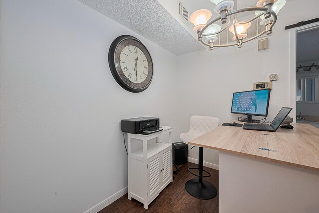 1505 Ward Rd Unit 118, Baytown, TX 77520 - office featuring a chandelier, dark wood-style flooring, a barn door, and a textured ceiling