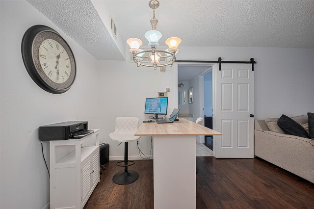 1505 Ward Rd Unit 118, Baytown, TX 77520 - office area featuring a textured ceiling, a barn door, a chandelier, and dark wood-type flooring