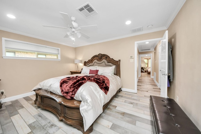 5422 Jason St, Houston, TX 77096 - bedroom with recessed lighting, ornamental molding, light wood-style flooring, and ceiling fan