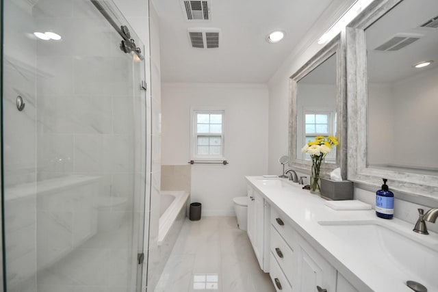 5422 Jason St, Houston, TX 77096 - full bathroom featuring double vanity, a stall shower, a bath, marble finish floors, and recessed lighting