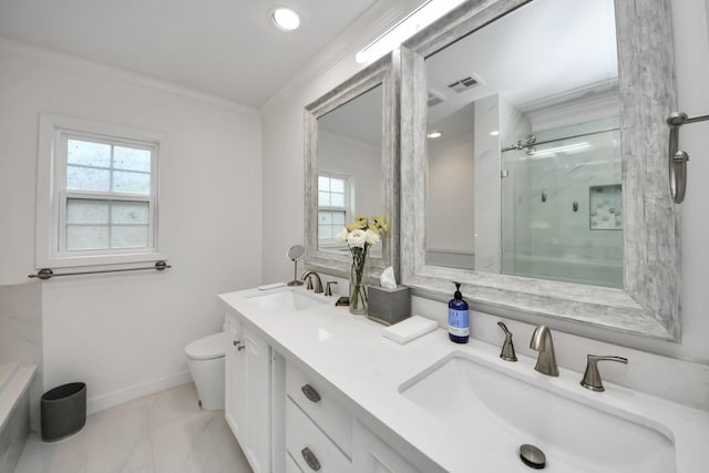 5422 Jason St, Houston, TX 77096 - bathroom with plenty of natural light, marble look tiles, a shower stall, double vanity, and crown molding