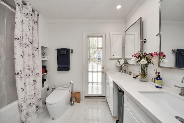 5422 Jason St, Houston, TX 77096 - full bath with double vanity, crown molding, shower / bathtub combination with curtain, and recessed lighting