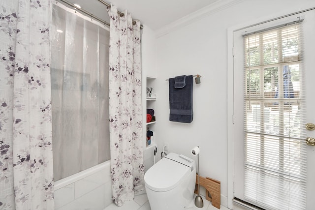 5422 Jason St, Houston, TX 77096 - full bathroom with shower / bath combination with curtain, ornamental molding, and tile patterned floors