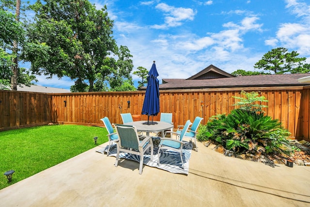 5422 Jason St, Houston, TX 77096 - fenced backyard featuring a patio and outdoor dining space