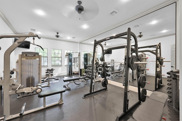 31276 New Forest Park Ln, Spring, TX 77386 - exercise room featuring ceiling fan, crown molding, and recessed lighting