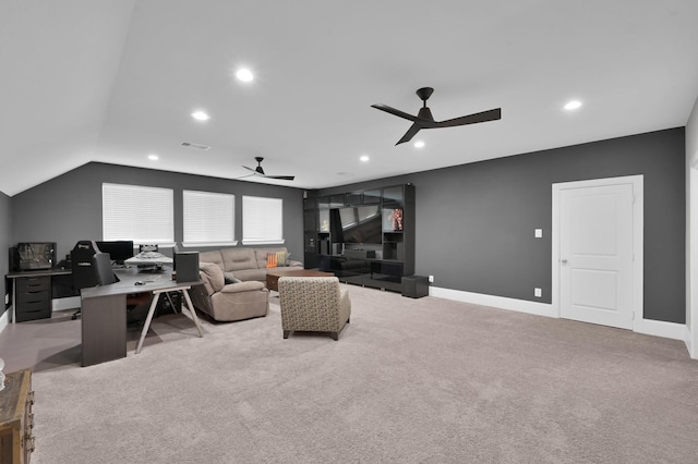 31276 New Forest Park Ln, Spring, TX 77386 - carpeted living room with a ceiling fan, a desk, recessed lighting, and vaulted ceiling