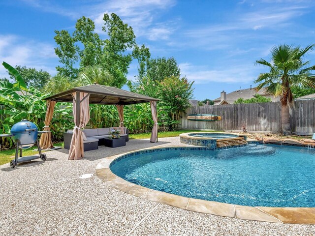 3219 Almond Creek Dr, Houston, TX 77059 - view of swimming pool with a gazebo, an outdoor hangout area, a fenced backyard, a patio area, and grilling area