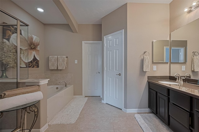 9107 Solvista Pass Ln, Houston, TX 77070 - full bathroom with vanity, a bath, tile patterned floors, and beamed ceiling