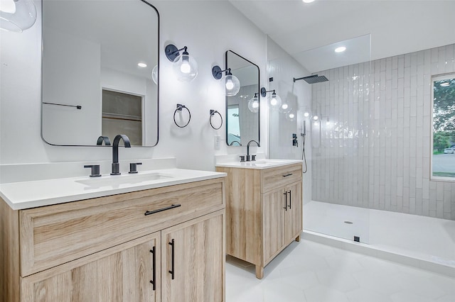 7226 Troulon Dr, Houston, TX 77074 - full bathroom featuring a walk in shower, tile patterned floors, two vanities, and recessed lighting