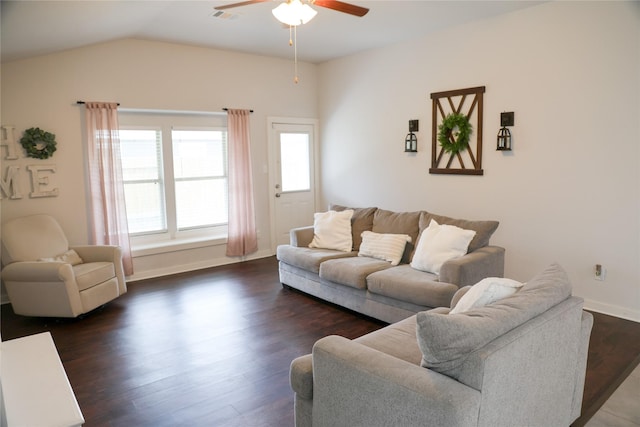 6926 Glenmoor Dr, Rosharon, TX 77583 - living area with ceiling fan, dark wood finished floors, and lofted ceiling