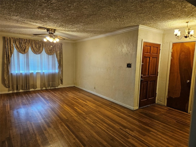 5218 Cortelyou Ln, Houston, TX 77021 - empty room featuring wood finished floors, a chandelier, a textured wall, a ceiling fan, and a textured ceiling