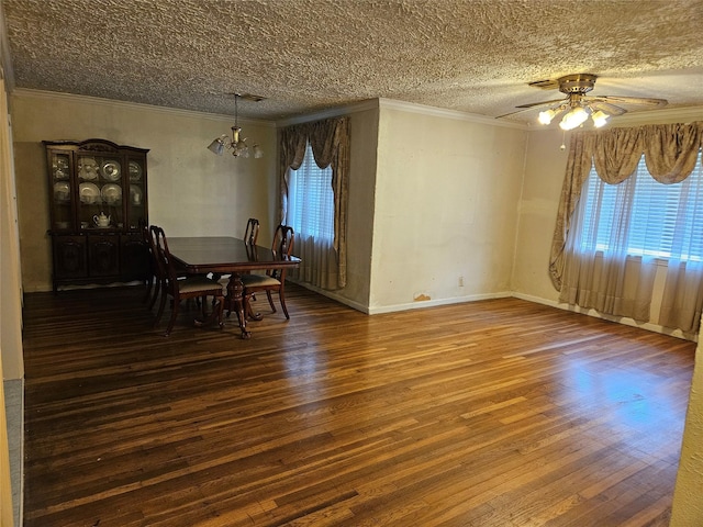 5218 Cortelyou Ln, Houston, TX 77021 - unfurnished dining area featuring wood finished floors, healthy amount of natural light, ornamental molding, a ceiling fan, and a textured ceiling