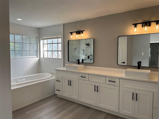 2922 Field Line Dr, Sugar Land, TX 77479 - bathroom featuring double vanity, wood finished floors, a garden tub, and a shower with door