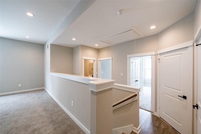 11325 Stonework Garden Ln, Houston, TX 77076 - hall featuring attic access, dark colored carpet, and recessed lighting