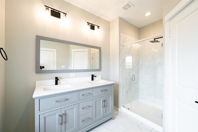 11325 Stonework Garden Ln, Houston, TX 77076 - full bath with a marble finish shower, marble finish flooring, double vanity, and recessed lighting