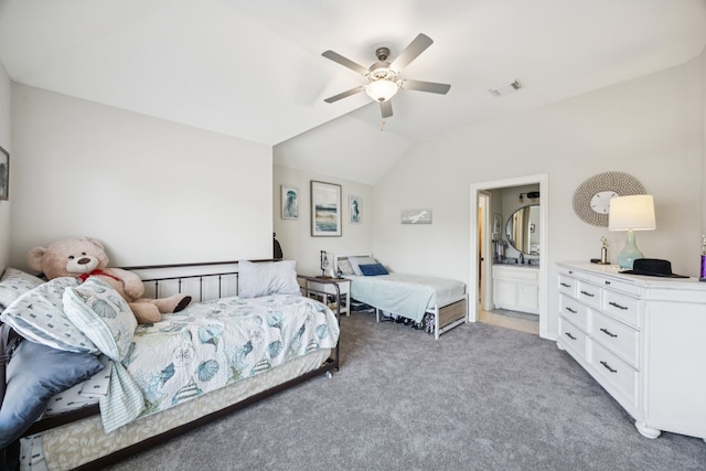 1155 Rustling Wind Ln, League City, TX 77573 - bedroom featuring lofted ceiling, carpet flooring, ceiling fan, and connected bathroom