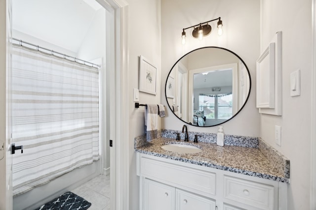 1155 Rustling Wind Ln, League City, TX 77573 - bathroom featuring vanity, tile patterned floors, and a shower with shower curtain