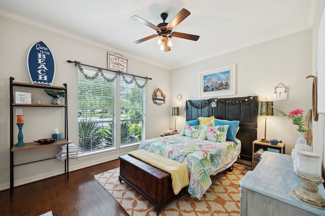 1155 Rustling Wind Ln, League City, TX 77573 - bedroom featuring crown molding, wood finished floors, and a ceiling fan