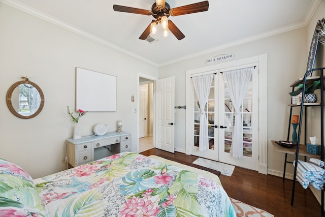 1155 Rustling Wind Ln, League City, TX 77573 - bedroom featuring wood finished floors, ornamental molding, a ceiling fan, and french doors