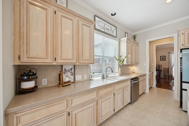 1155 Rustling Wind Ln, League City, TX 77573 - kitchen with dishwasher, tasteful backsplash, ornamental molding, light brown cabinets, and light countertops