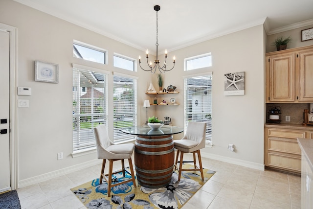 1155 Rustling Wind Ln, League City, TX 77573 - dining space featuring ornamental molding, a chandelier, and light tile patterned floors