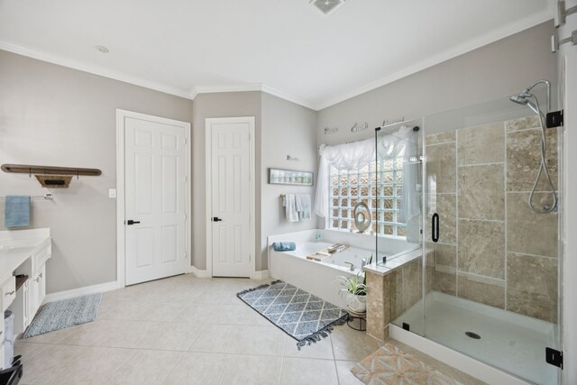1155 Rustling Wind Ln, League City, TX 77573 - full bathroom with a bath, a stall shower, vanity, tile patterned flooring, and crown molding