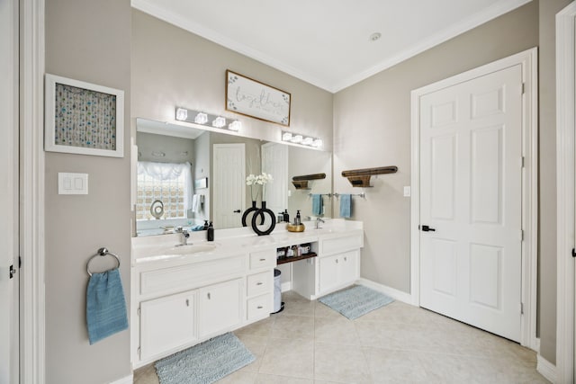 1155 Rustling Wind Ln, League City, TX 77573 - full bathroom with double vanity, ornamental molding, and tile patterned floors