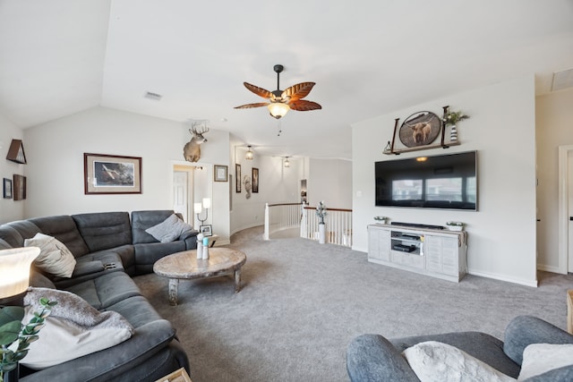 1155 Rustling Wind Ln, League City, TX 77573 - living room featuring carpet floors, a ceiling fan, and lofted ceiling