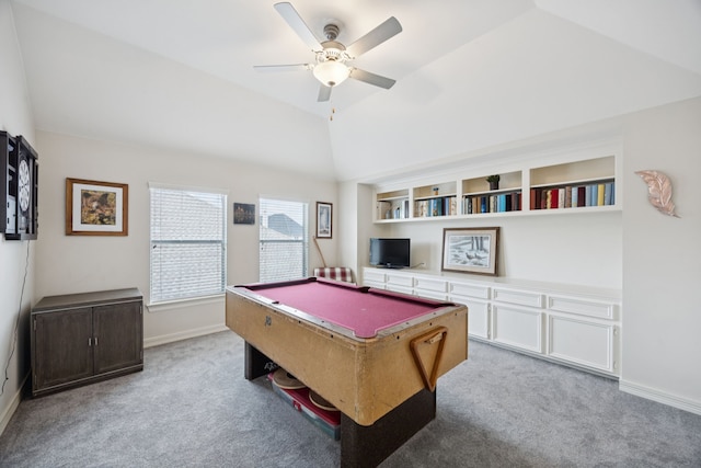 1155 Rustling Wind Ln, League City, TX 77573 - playroom featuring light colored carpet, lofted ceiling, billiards, and ceiling fan