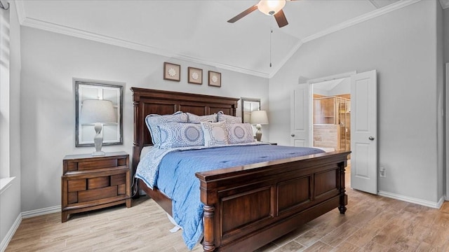 4542 Shallow Ember Dr, Spring, TX 77386 - bedroom featuring light wood-type flooring, crown molding, lofted ceiling, a ceiling fan, and ensuite bathroom