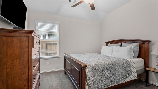 4542 Shallow Ember Dr, Spring, TX 77386 - bedroom with dark colored carpet, vaulted ceiling, and ceiling fan