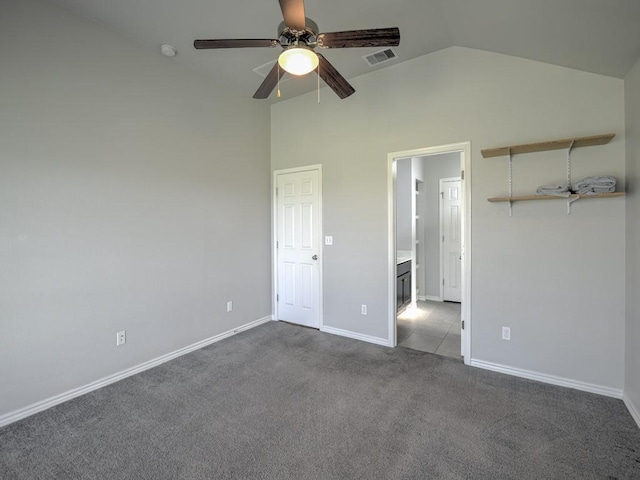 3635 W L Breeding Dr, Corpus Christi, TX 78414 - unfurnished bedroom featuring dark colored carpet, high vaulted ceiling, and a ceiling fan