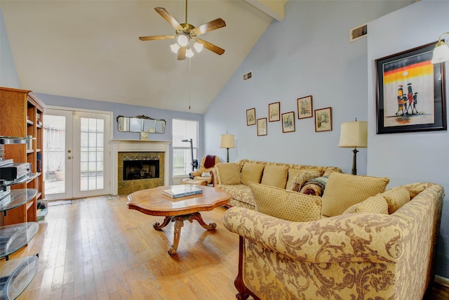 5651 Pine St, Houston, TX 77081 - living room featuring high vaulted ceiling, ceiling fan, wood-type flooring, beam ceiling, and a tile fireplace