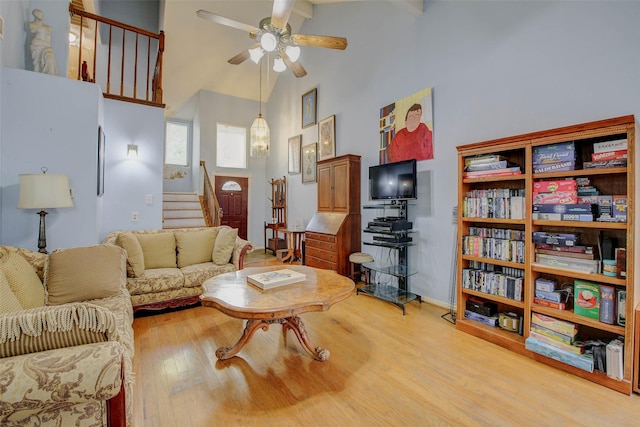 5651 Pine St, Houston, TX 77081 - living area featuring high vaulted ceiling, wood finished floors, stairway, and ceiling fan