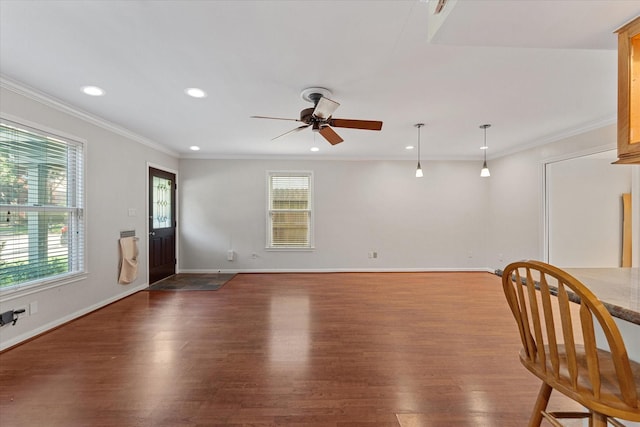 4206 Law St, Houston, TX 77005 - unfurnished living room featuring a ceiling fan, wood finished floors, recessed lighting, and ornamental molding