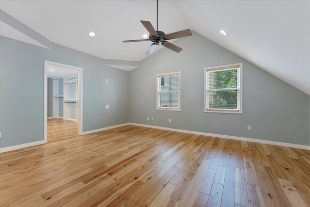 4206 Law St, Houston, TX 77005 - spare room featuring light wood-type flooring, ceiling fan, vaulted ceiling, and recessed lighting
