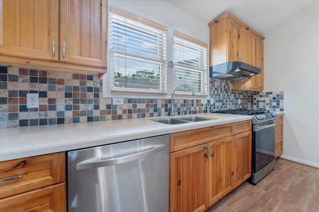 4206 Law St, Houston, TX 77005 - kitchen featuring appliances with stainless steel finishes, range hood, light wood-style flooring, light countertops, and backsplash