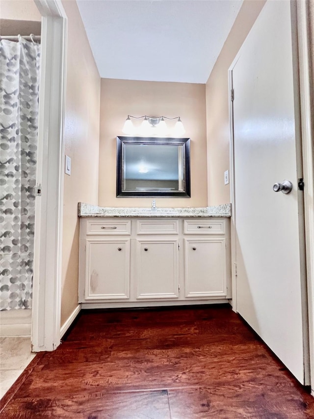 18738 Shannon Glen Ln, Houston, TX 77084 - bathroom featuring vanity, a shower with curtain, and wood finished floors