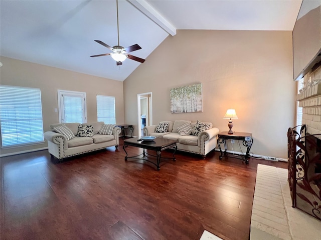 18738 Shannon Glen Ln, Houston, TX 77084 - living room featuring wood finished floors, beam ceiling, ceiling fan, and high vaulted ceiling