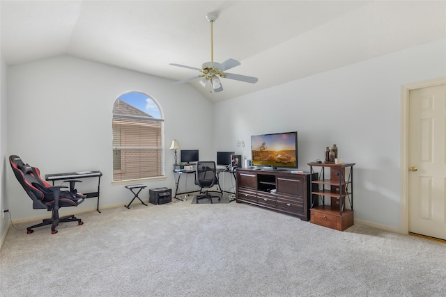 25603 Myrtle Spgs, Spring, TX 77373 - home office featuring vaulted ceiling, a ceiling fan, and carpet
