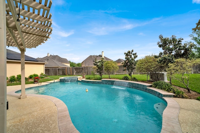 28006 Everett Knolls Dr, Katy, TX 77494 - view of swimming pool with a fenced backyard, a pool with connected hot tub, and a pergola