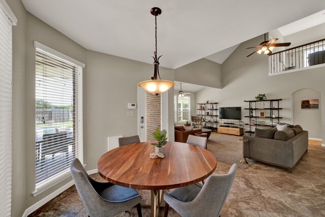 28006 Everett Knolls Dr, Katy, TX 77494 - dining area with a ceiling fan and vaulted ceiling
