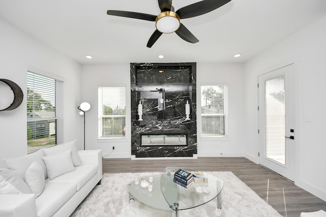 3602 Runnels St, Houston, TX 77003 - living room featuring wood finished floors, ceiling fan, and recessed lighting