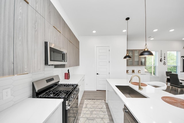 3602 Runnels St, Houston, TX 77003 - kitchen featuring stainless steel appliances, modern cabinets, recessed lighting, wood finished floors, and tasteful backsplash