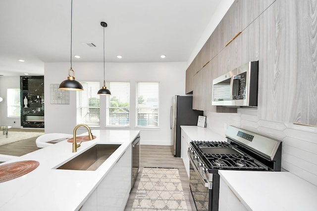 3602 Runnels St, Houston, TX 77003 - kitchen featuring stainless steel appliances, modern cabinets, light countertops, hanging light fixtures, and light wood finished floors