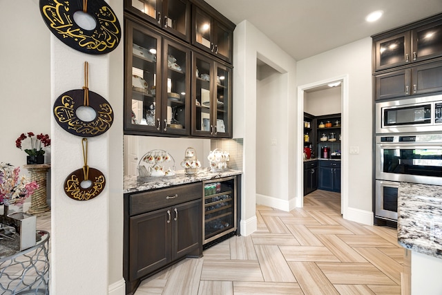 17023 Sweet Bay Ct, Conroe, TX 77385 - indoor bar featuring beverage cooler, appliances with stainless steel finishes, recessed lighting, and decorative backsplash
